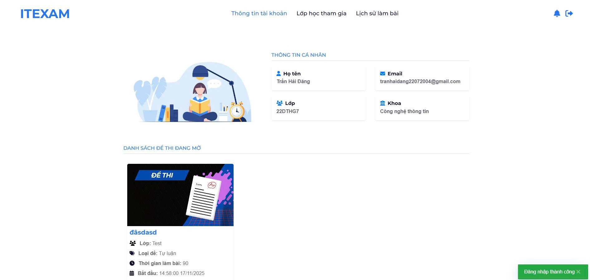 Trang thông tin tài khoản sinh viên